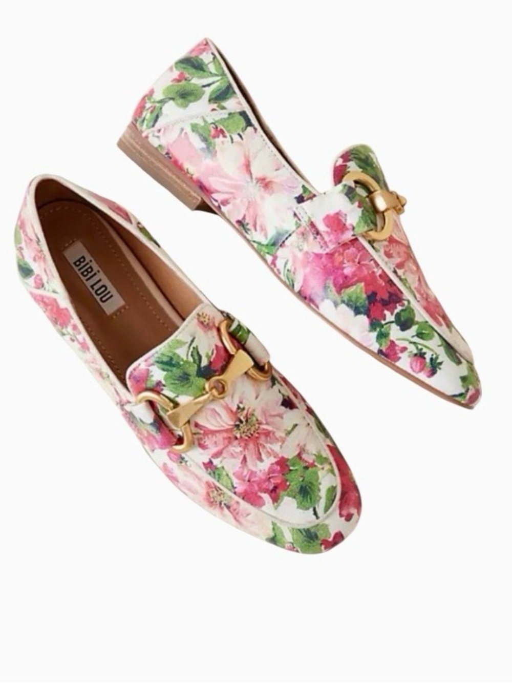 Anthropologie BIBI LOU Pink Floral Slip-On Mule Flat Loafers Goldtone Horse-bit
